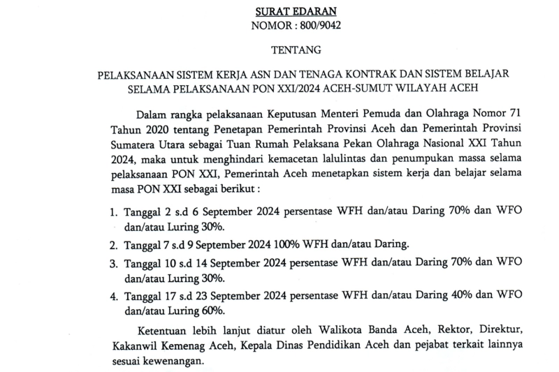 Resmi, ASN di Aceh Bisa Kerja dari Rumah Selama PON XXI 2024